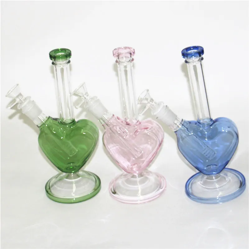 9 inch Heart Shape Hookahs Pink Green Blue Color Glass Bongs Water Pipes Dab Oil Rigs with 14mm Smoking Dry Herb Bowls Nectar Bong