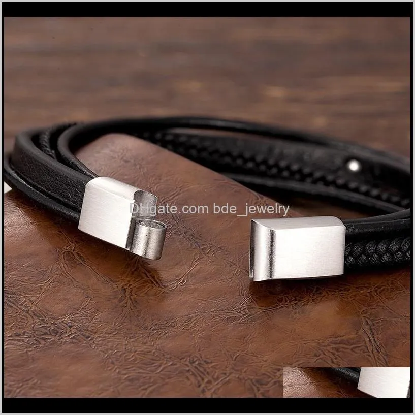 bracelet for men fashion stainless steel multi-layer leather rope bangles magnetic clasp charm jewelry wholesale man accessories