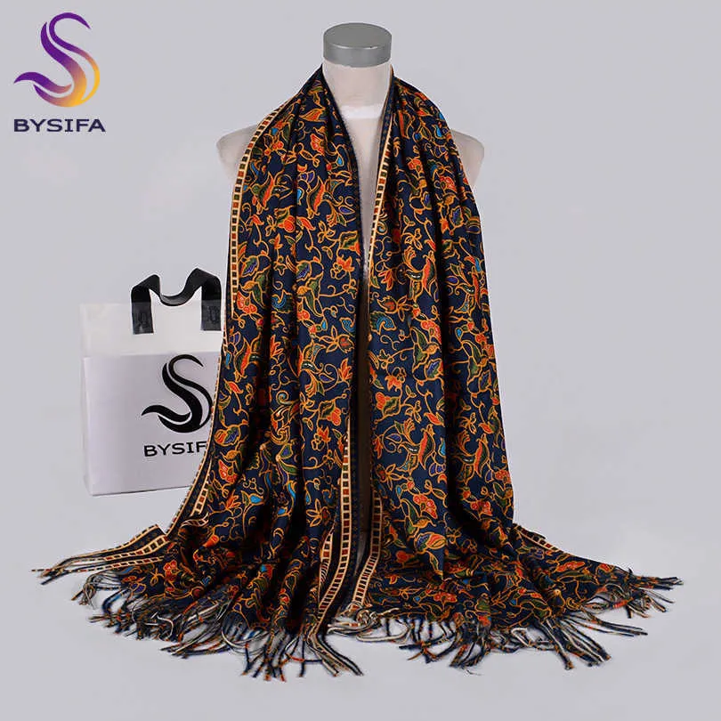 [BYSIFA] Navy Blue Gold Long Sjaals Gedrukt voor Vrouwen Winter Mode Luxe Kasjmier Pashmina Wraps Dames Fall Neck Head Sjaal Q0828