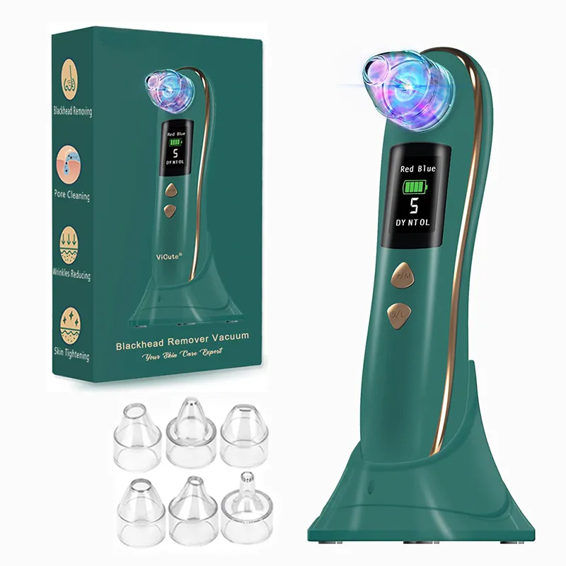 Blackhead Remover Vacuum Blue Red Light Therapy 5 Levels Pore Vacuum Cleaner With 6 Suction Heads and Charging Base