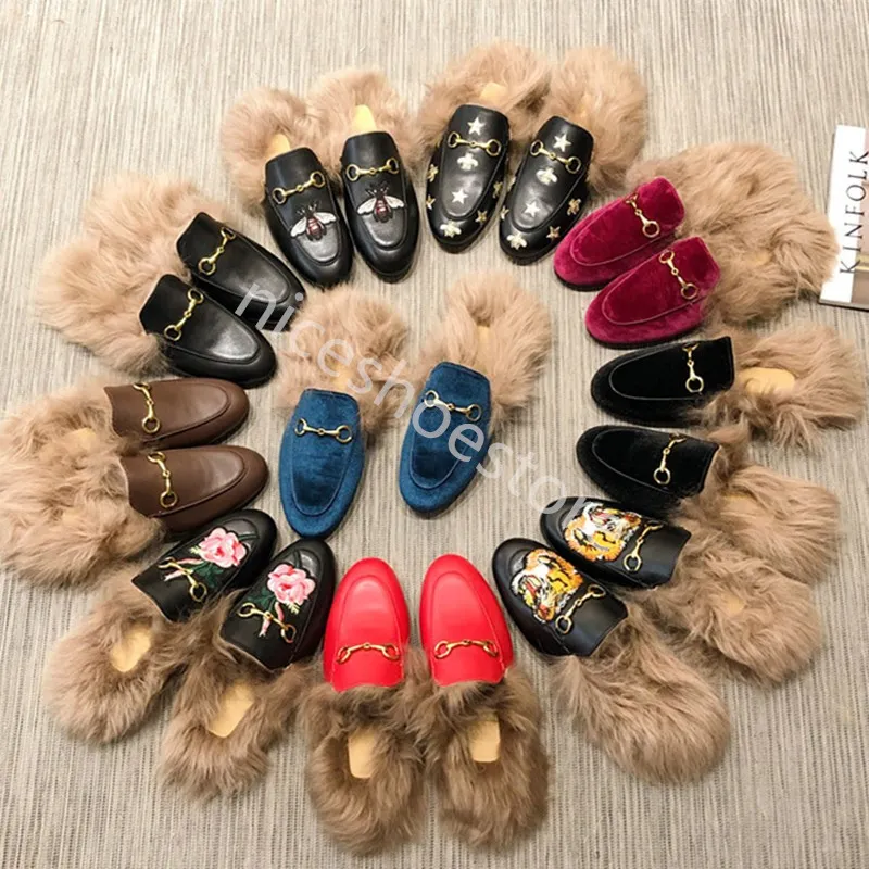 Men Designer Genuine leather loafers Fur Luxury slipper with buckle Fashion women Princetown Casual Fur Mules Flats New 34-46