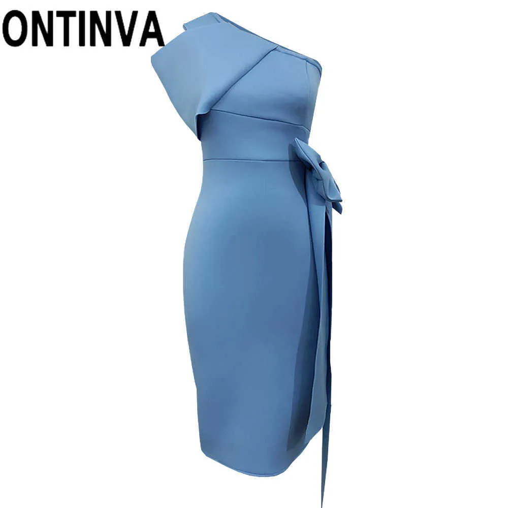Sommarblå en axel oregelbunden bodycon mantel midi längd klubb sexig penna klänning med båge för kvinnor plus storlek xxl 210527