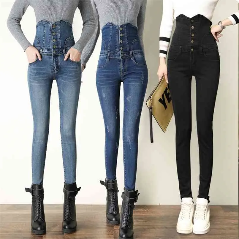Mulheres elásticas altas cintura fina abdômen azul preto preto stretch jeans fêmea namorado mamãe jeans lavado calças jeans plus tamanho 36 210809