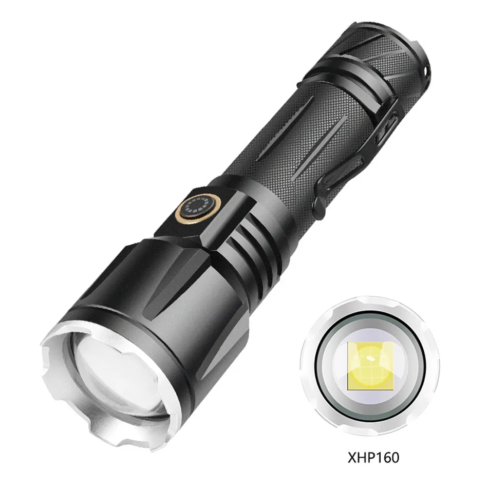 XHP160 Recarregável LED Lanterna Usb Torch Light Poderoso Flash tático 26650 Bright Waterproof Mão de Zoom