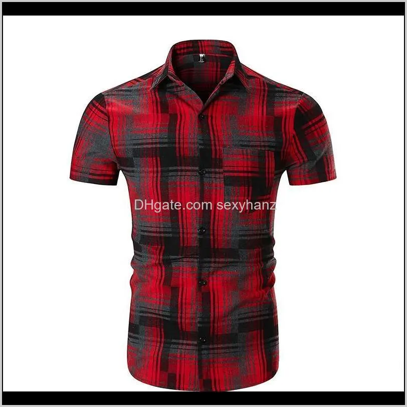 stripe plaid short sleeve shirt men pocket design men shirt casual fashion dress large size m-2xl