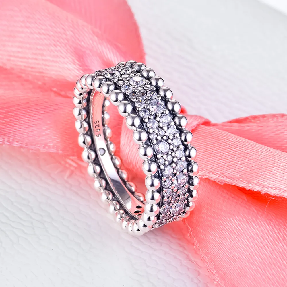 925 Sterling Silver Beaded Pave Band Pierścień z kamieniami Fit Pandora Styl Biżuteria Zaręczyny Wedding Lovers Pierścionek dla kobiet
