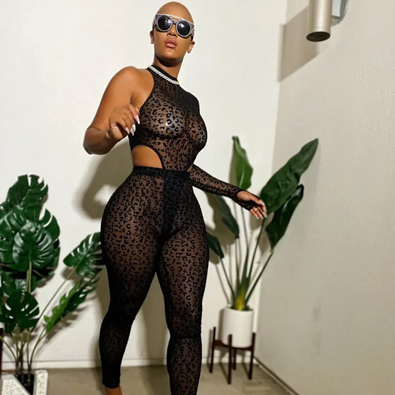 Mesh Leopard Perspective Jumpsuit 2 Piece Set Womens Clothes Irregular Sleeveless Ladies Sexy Black Clothings 2021 New