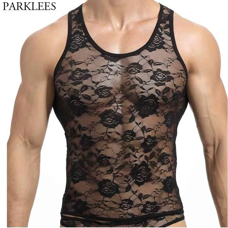 Sexy Black Floral Lace Tanks Top Men See Through Transparent T-shirts Mens Perspective Fitted Nightwear Mesh Top Tees 210522