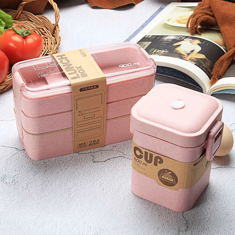 900ml Lunch Box Food Grade Bento 3 Layer Wheat Straw es Microwave Dinnerware Storage Containers Lunchbox 210709