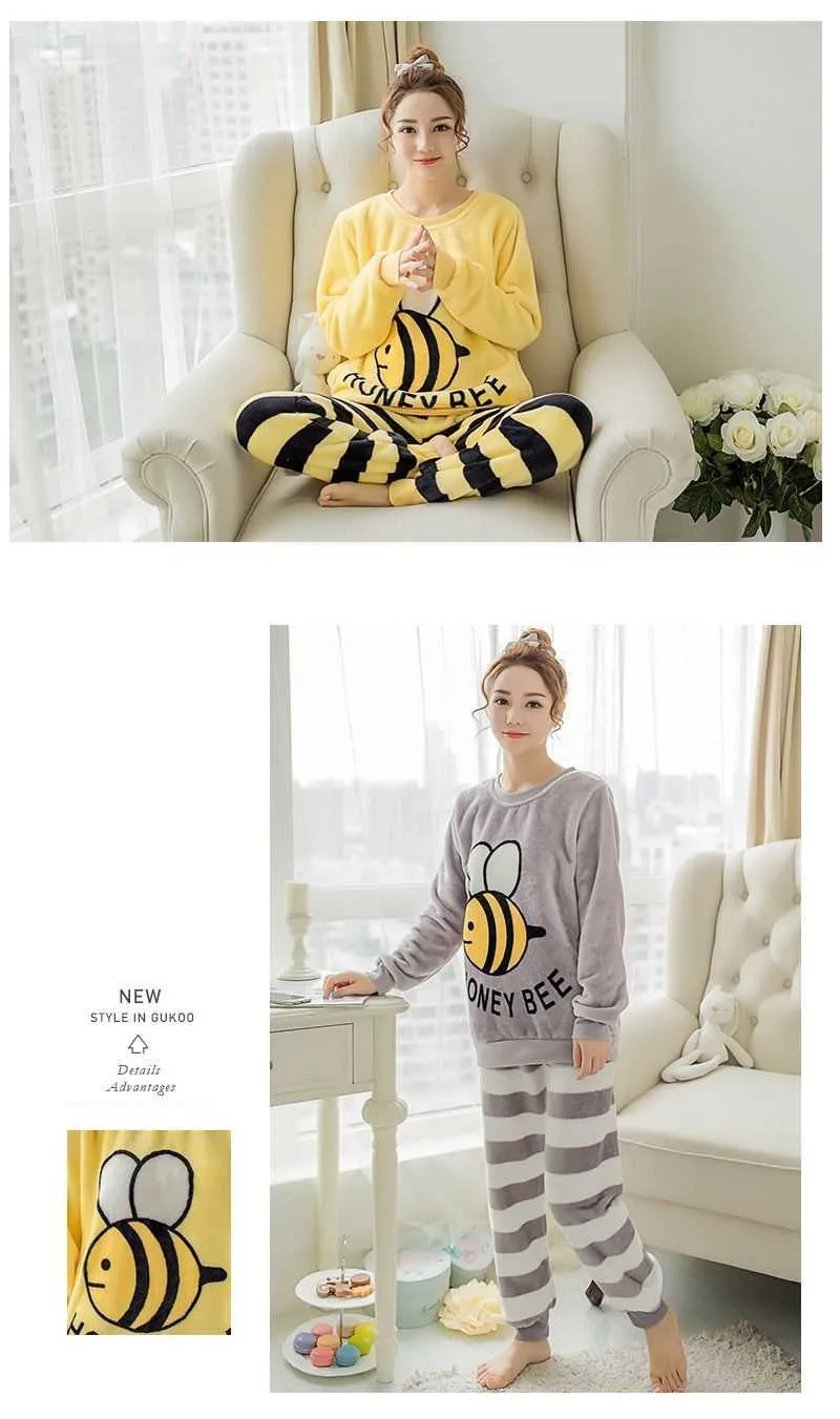 Women's Pajamas Home Service Suit Plus Velvet Thick Flannel Cute Bee ...