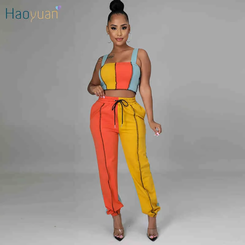 HAOYUAN Sexy rayé deux pièces ensemble survêtement femmes vêtements gilet haut court à lacets pantalon été mode Streetwear Club tenues X0428