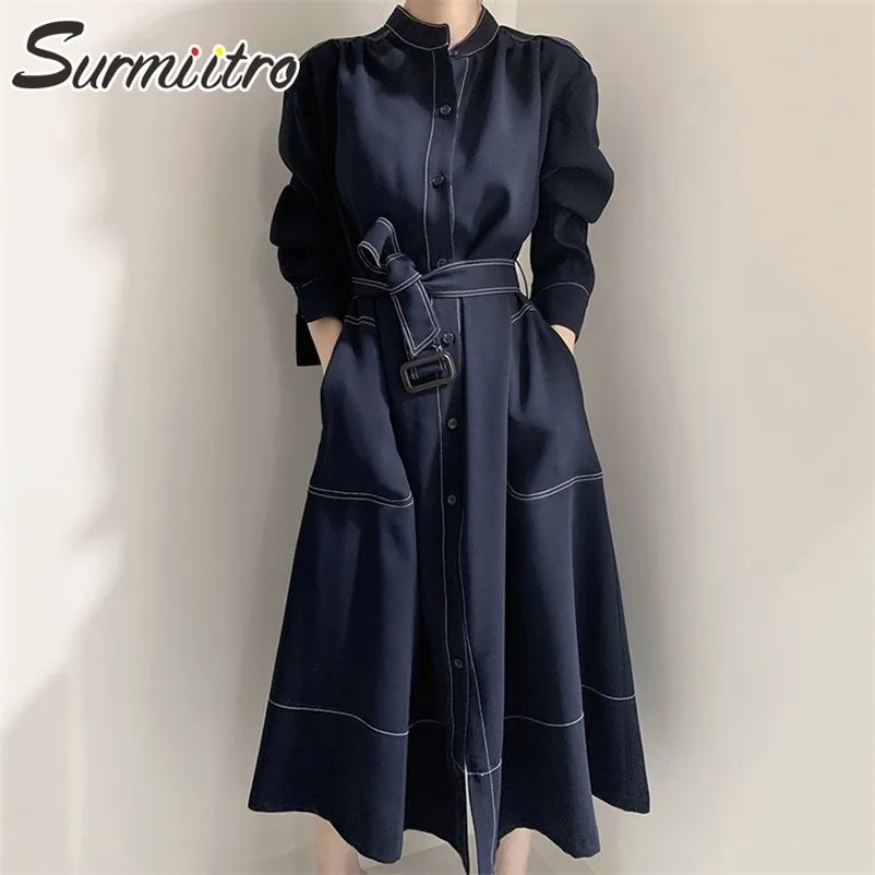 Koreansk stil chic lång klänning kvinnor elegant singel breasted ärm office lady midi kvinnlig trench coat 210421