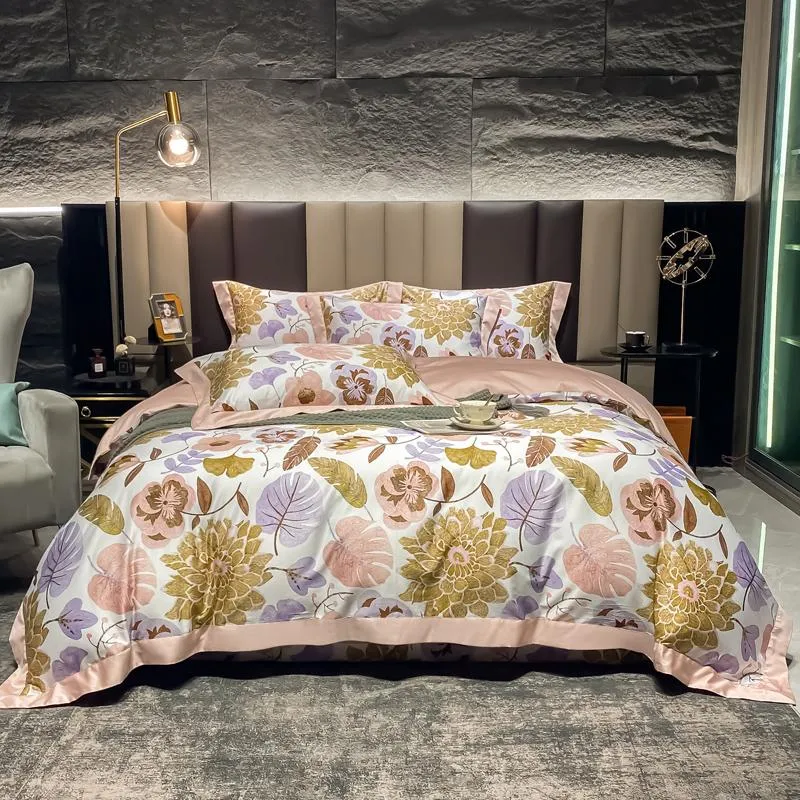 Ensembles de literie HD imprimé floral ensemble 600TC coton égyptien soyeux doux double taille drap de lit taie d'oreiller housse de couette 4 pièces pour la maison