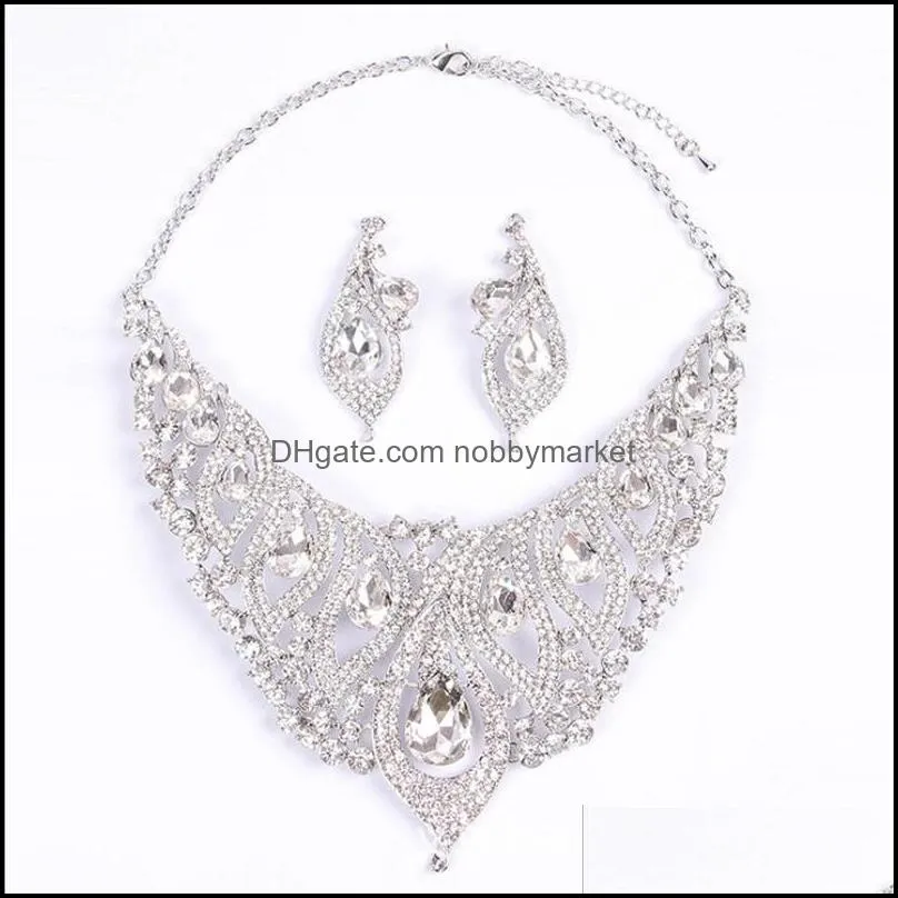 Earrings & Necklace Crystal Fashion Jewelry Set Bridal Wedding Party Choker Rhinestone Statement Collar Women Bib Chunky Gifts 2pc