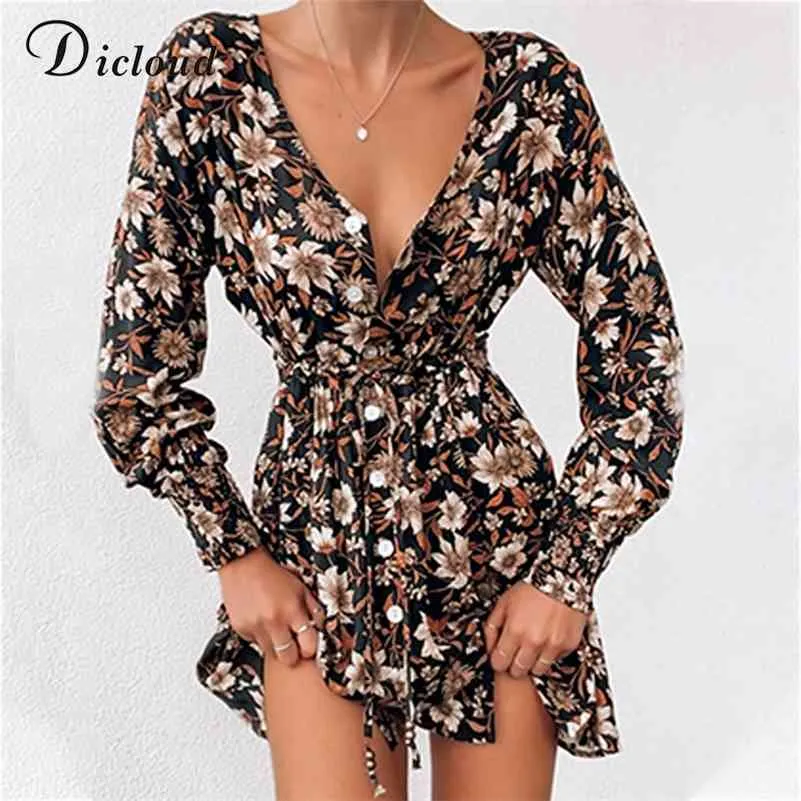 DICLOUD Frauen Blumendruck Boho Partykleid Sexy V-Ausschnitt Langarm Frühlingskleidung mit Taillenbindung Elegantes Tageskleid 210630