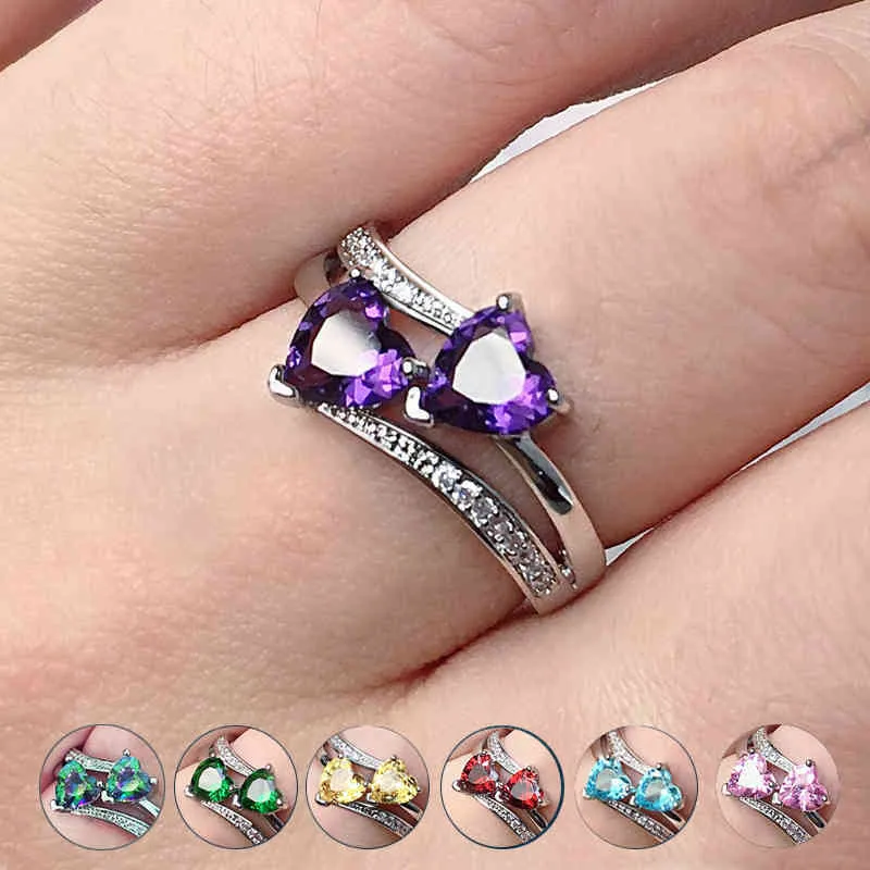 SUMU Stylish Female Rings Silver-plated Double Heart-Shaped Cubic Zircons Wedding Ring Women Girls Nice Gift For Birthday