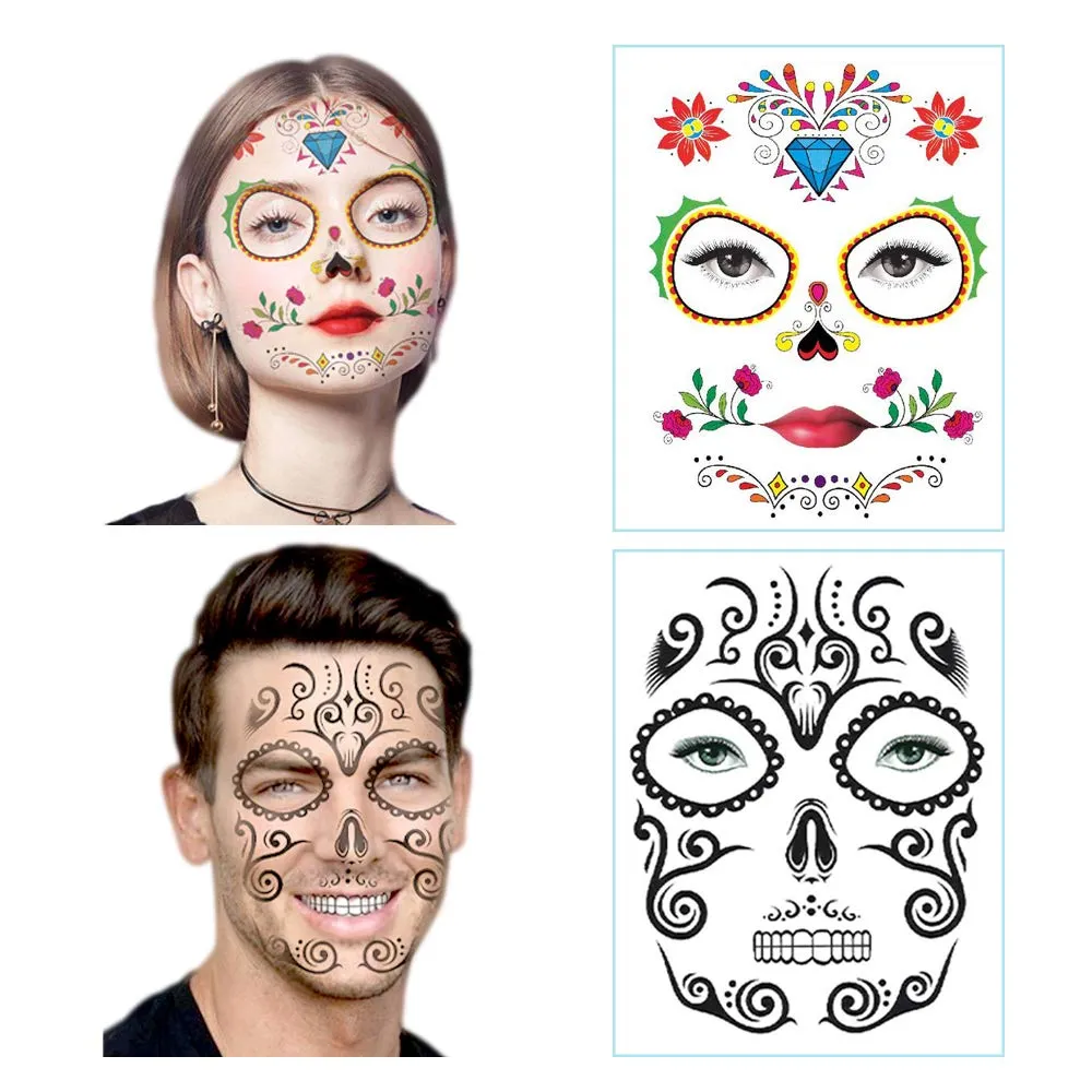 12 Pack Halloween Makeup Maskers Stickers Set, Dag van de Dode, Tijdelijke Gezicht Tattoo voor Cosplay Kostuum Masquerade Party Props Adult, Floral Skeleton Pattern