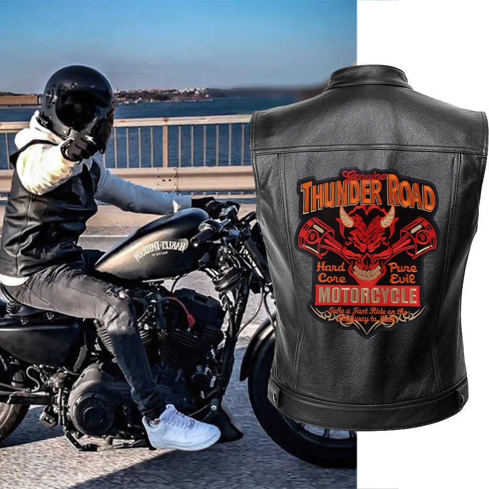 Thunder Road Men Biker jaquetas colete cor sólida jaqueta de couro punk motocicleta jaqueta jaqueta bordado casaco curto 211009