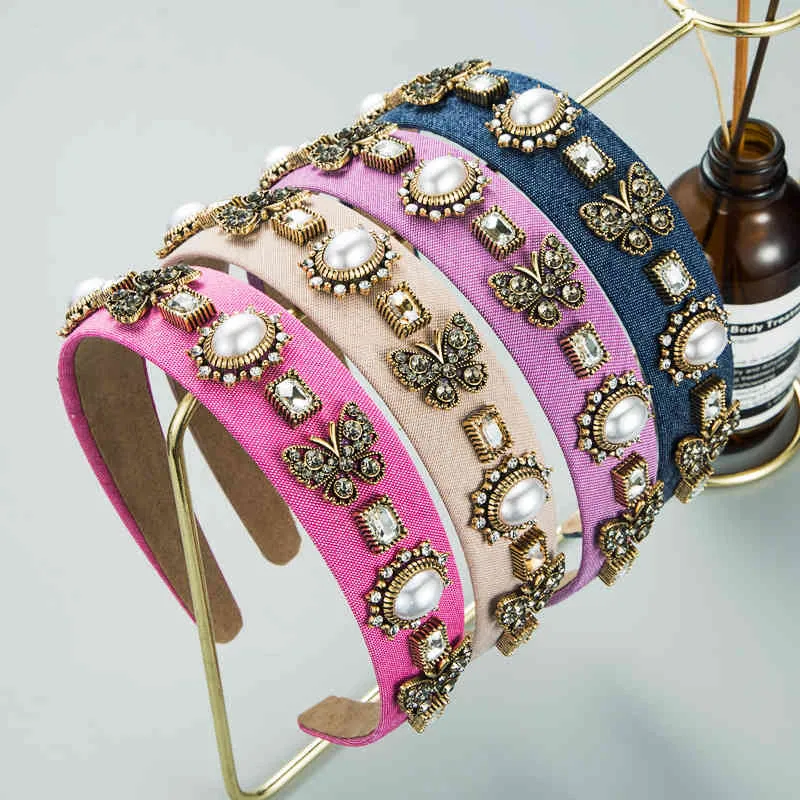 Kleurrijke denim barokke stijl hoofdband vlinder met diamanten parel hoepel 2021 vrouwen haaraccessoires