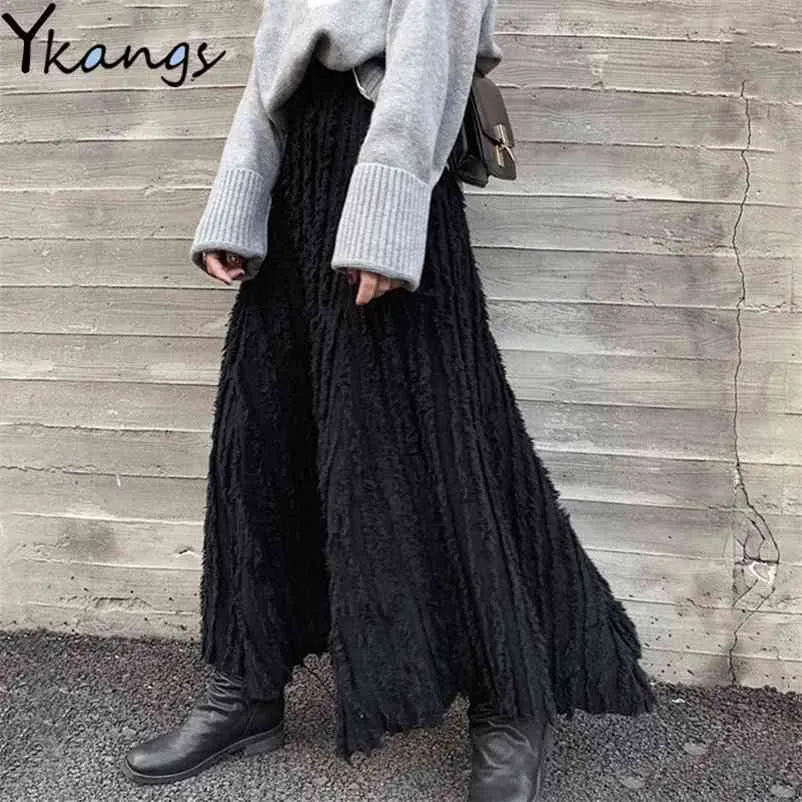 Gotic Long Black Knitted Skirt Women Winter Fringed Knit Irregular Autumn Korean Style Female Tassel High Waist 210421
