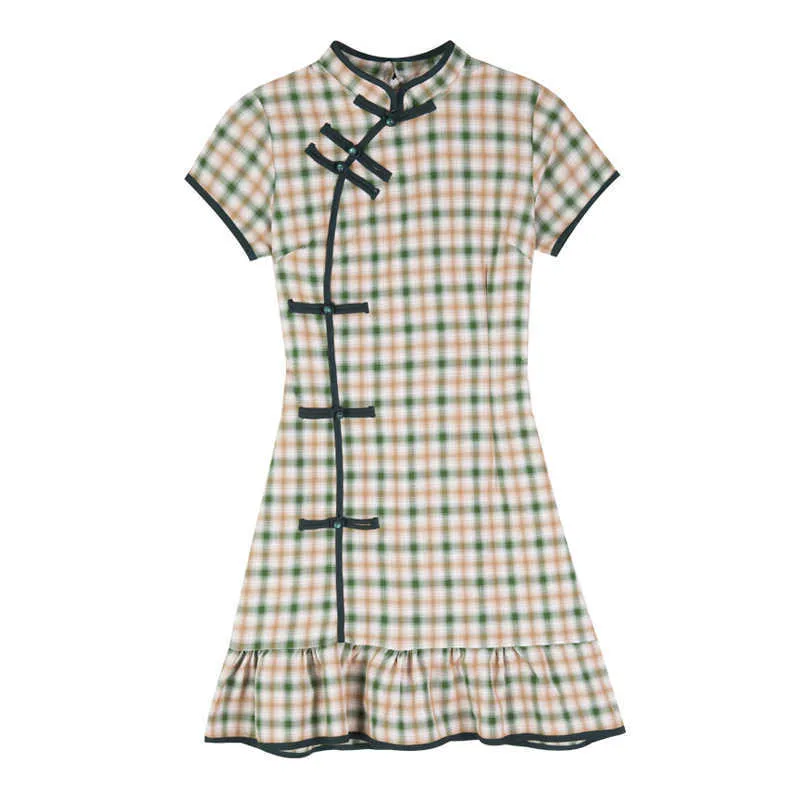 Talvez U Mandarin Collar Sleeve Manga Curta Retro Cheongsam Mini Vestido Verão Chinês Estilo Xadrez Plaid Ruffle Green D1930 210529