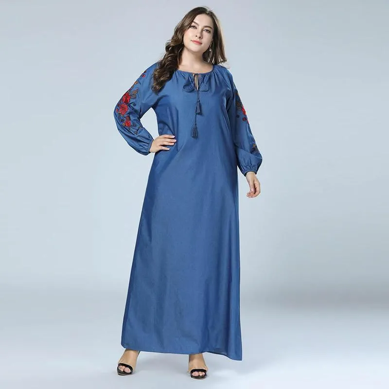 Casual Dresses Denim Slim One-piece Dress Fashion Floral Navy Blue Plus Size 3XL Unique Embroidered Printed Long Sleeves Vestidos