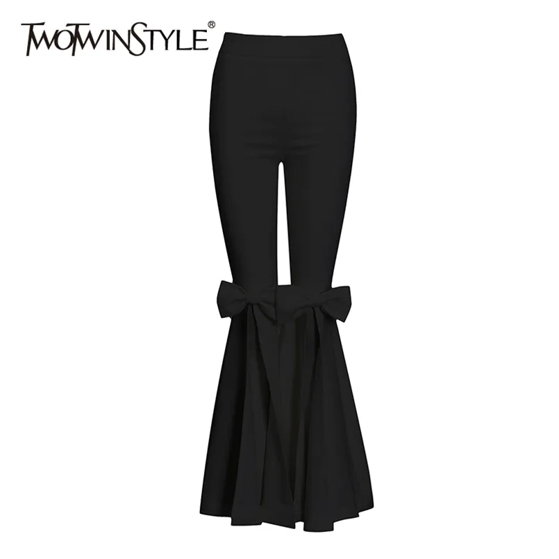 Pantaloni casual neri patchwork bowknot per le donne a vita alta pantaloni eleganti coreani a zampa d'elefante moda estiva femminile 210521