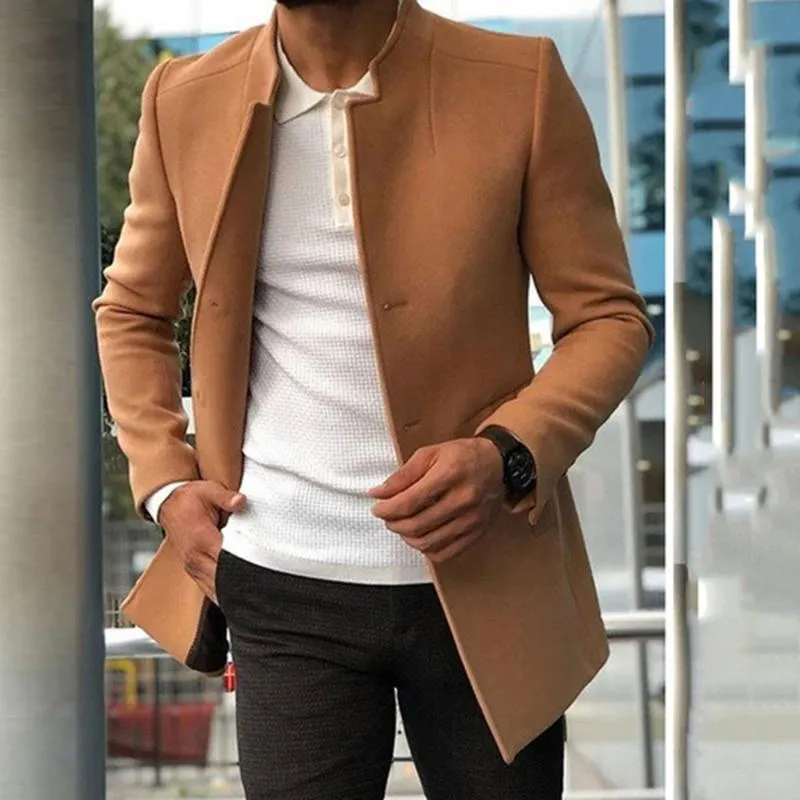 Chaquetas De Hombre Cuello Alto Liso Mediados De Longitud Otoño Invierno Chaqueta Color Sólido Casual Estilo Simple Slim Hombre Abrigo De Lana Moda Negocios