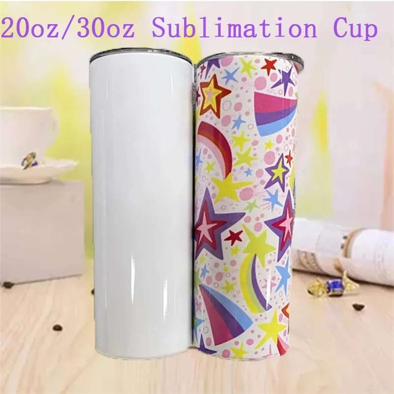 Personnalisé DIY Sublimation 20 oz 30 oz Skinny Tumbler Blanc Blanc Bouteille d'eau étanche avec couvercle et tasses de paille pour cadeau de fête 210913