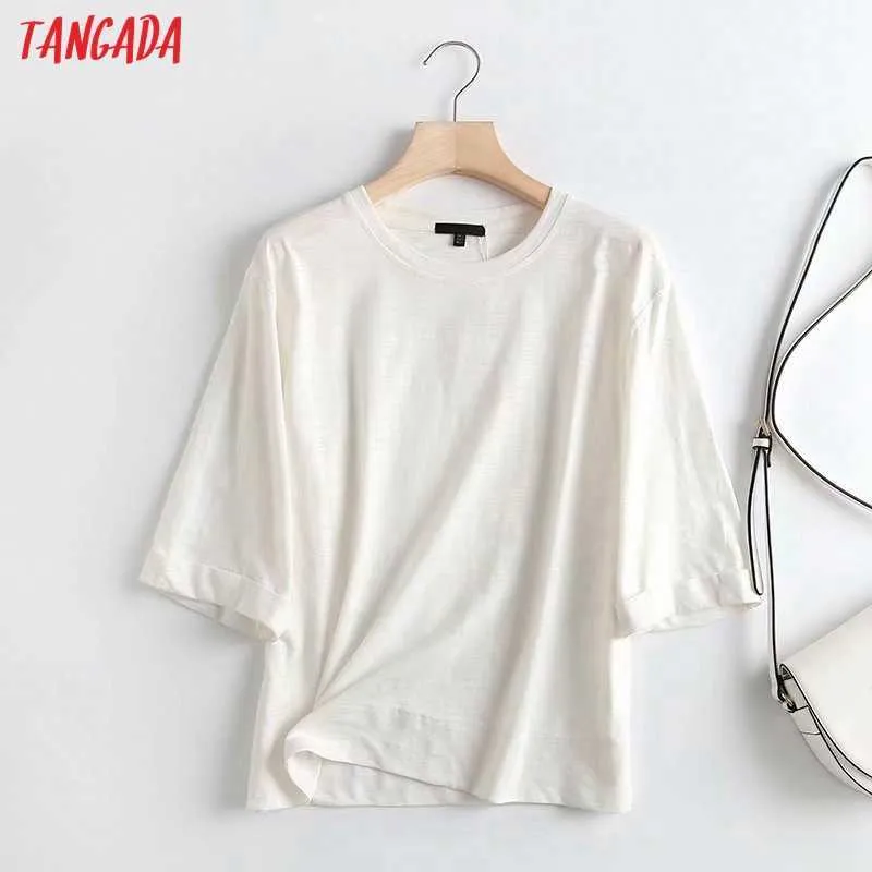 Tangada 여성 빈티지 화이트 루즈 코튼 티셔츠 긴 소매 o 목 티셔츠 캐주얼 티셔츠 스트리트 착용 탑 4C114 210609