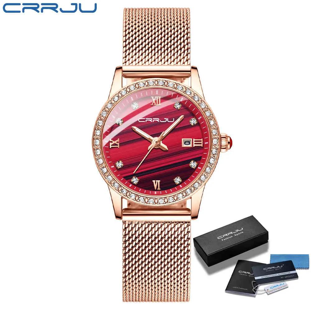 CRRJU Womens Red Diamond Watch Elegant Crystal Waterproof  display picture 2