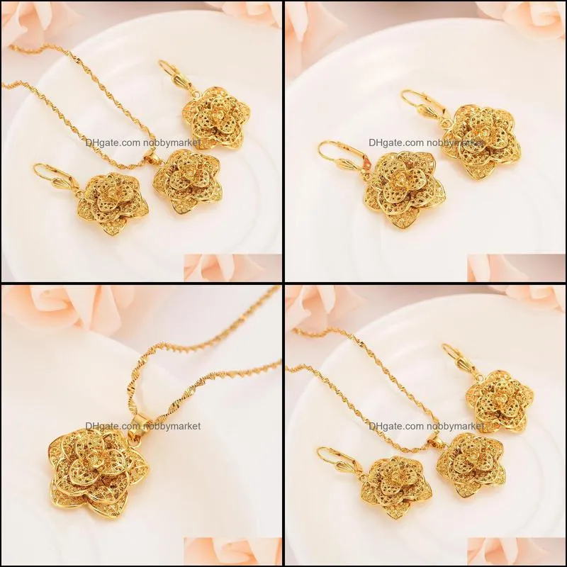 Earrings & Necklace Gold Dubai India Flower Pendant Necklaces Chain For Women Jewelry Sets Wedding Bridal Girls Christmas Gifts