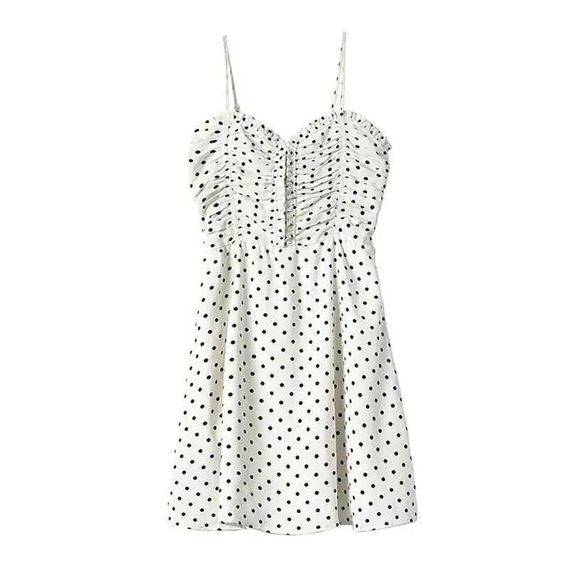 PERHAPS U Women White Black Polka Dot Spaghetti Strap Dress Sleeveless V-neck Ruched Mini Dress Vocation Summer D2477 210529