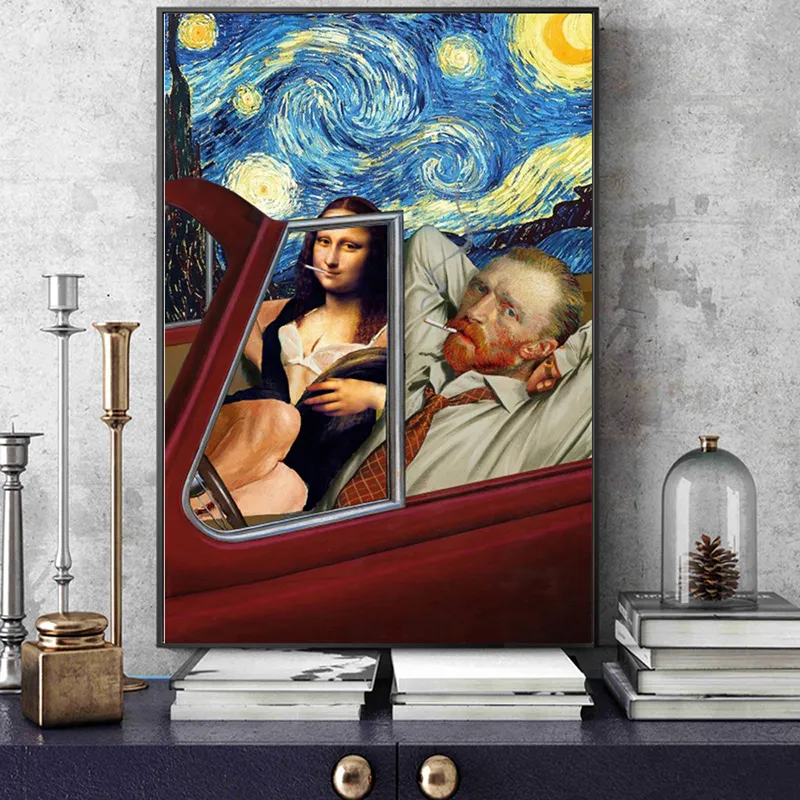 Rolig konst Van Gogh och Mona Lisa kör canvasaffischer Abstrakt rökande oljemålningar på duk Väggbilder Hemväggsdekoration