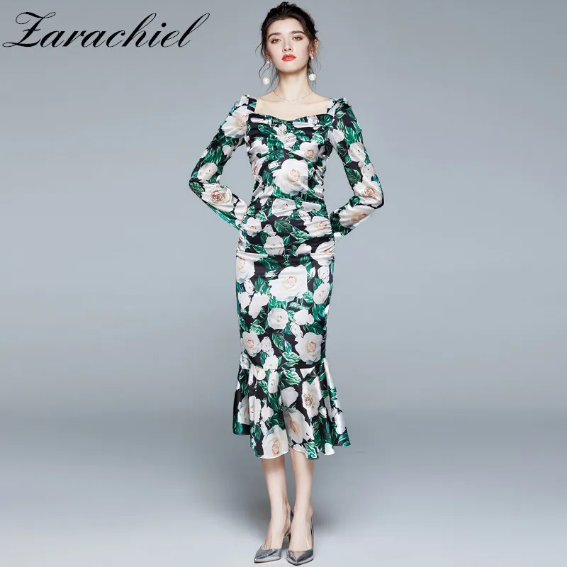 Runway Floral Print Neck Ruffles Mermaid Women Satin Green Puff Sleeve V Back Ruched Female Midi Bodycon Dress 210416