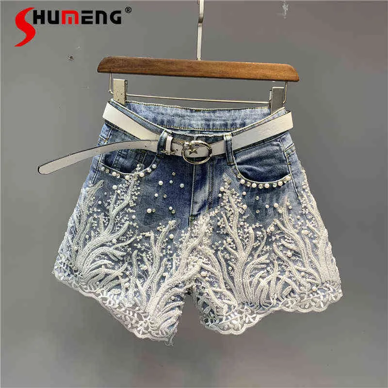 Summer Beads s Lace Flower Ladies Denim Shorts Women European High Waist Washed Pants Fashion Stretchy Jeans 211129