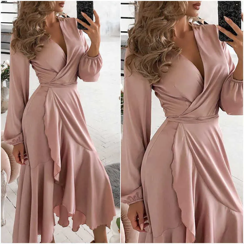 Abiti da ballo da sera Primavera Abiti da donna Donna con scollo a V Increspature Manica lunga a lanterna Lace Up Pink Boho Party Birthday Mermaid Dress Y1006