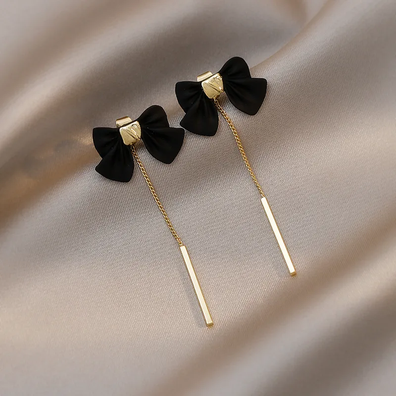 Korean New Trendy Black Bow Knot Studs Ear Charm Lady Charming Simple Long Earrings Jewelry Unusual Gifts For Women girls AFSHOR