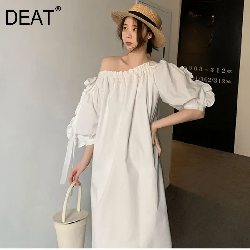 Femmes blanc ruban nœud volants longue robe Slash cou demi manches bouffantes lâche mode marée printemps été 2F0296 210421