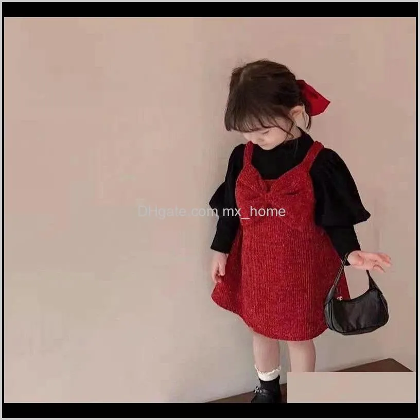 girls knitting and velvet thickening puff sleeve bottoming shirt + bowknot vest dress kid`s winter knit top new children`s wear