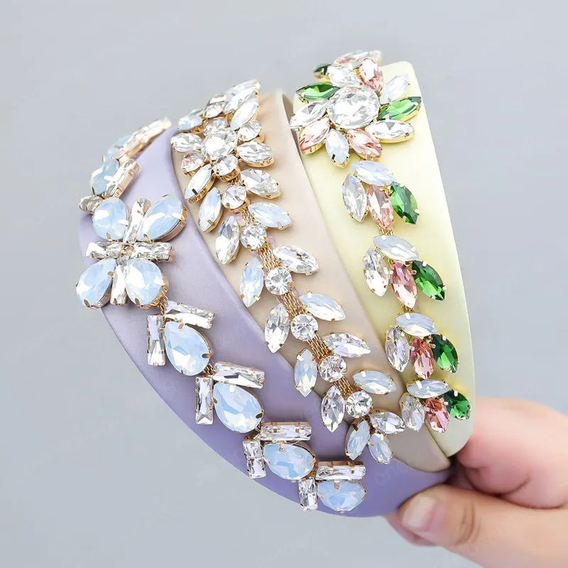 Fashion Fabric Alloy Glass Rhinestone Flower Headband for Women Wide Side Shiny Head Hair Accessories