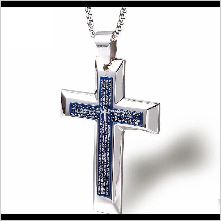 Men Cross Pendant Necklace Stainless Steel Silver Chain Fashion Jewelry Blue Black Double Bible Design Punk Hip Hop Mens For Gift
