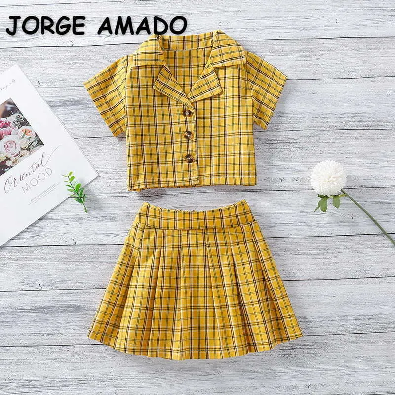 Summer Kids Girl Sets Yellow Plaid Short Shirts Elastic Waist