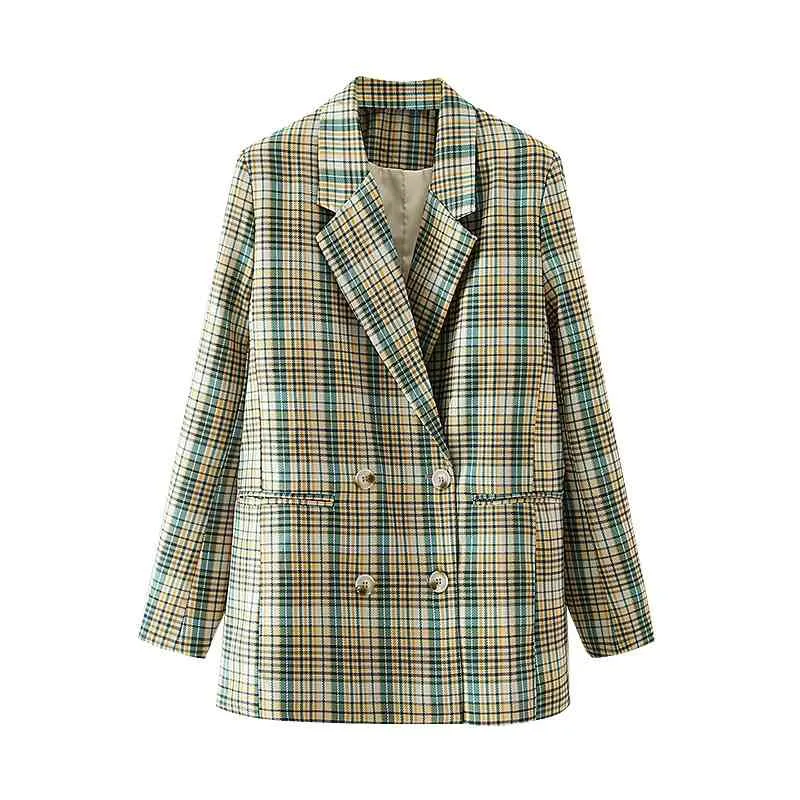 Vintage Women Green Plaid Blazers Fashion Ladies Notched Collar Coats Causal Female Chic Double Breasted Jacket 210430