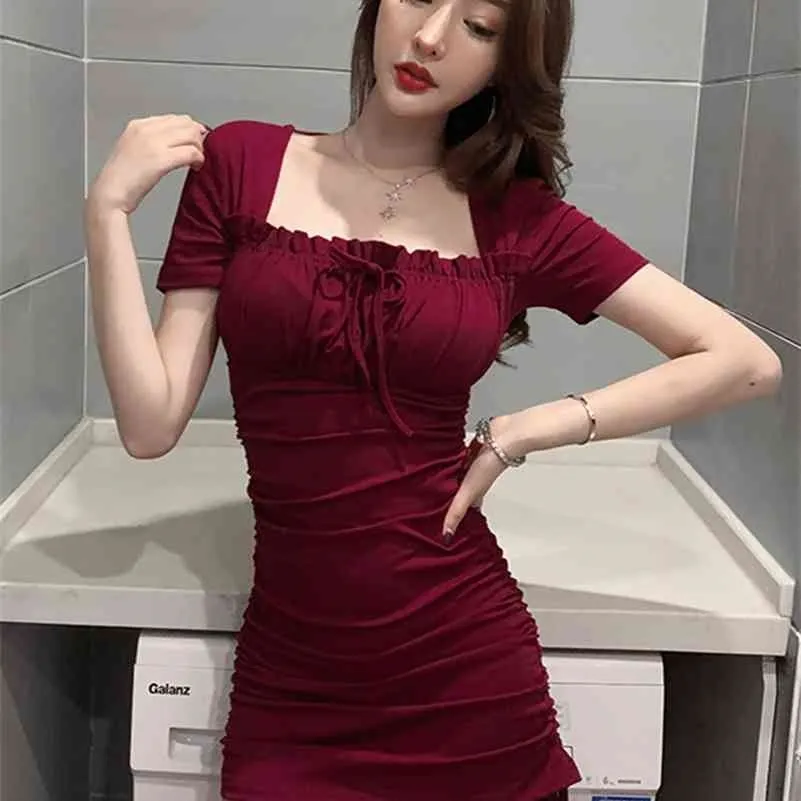 Temperament sexy dress with clavicle, back tie, waist slimming, tight-fitting square collar, drawstring bag hip 210416