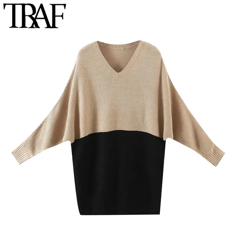 TRAF Women Fashion Patchwork Loose Knitted Sweater Vintage V Neck Batwing Sleeve Female Pullovers Chic Tops 210415