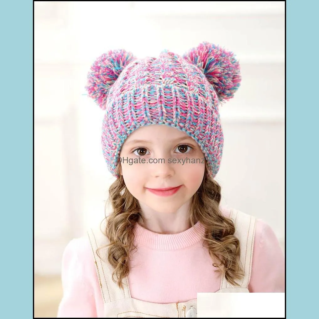 Kid Knit Crochet Beanies Hat Girls Soft Double Balls Winter Warm Hat 12 Colors Outdoor Baby Pompom Ski Caps GWE2902