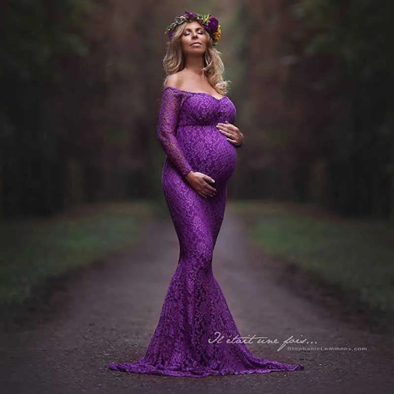 Lace Maternity Dresses Photography Props Sexy Off Shoulder Long Sleeve Maxi Pregnancy Dress Photo Shoot Pregnant Woman Clothes Q0713