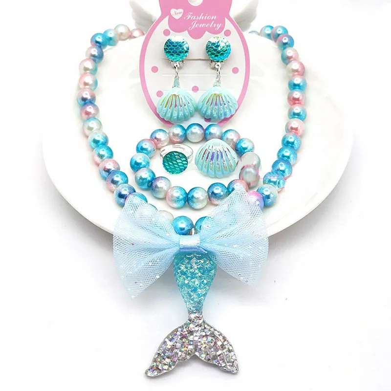 Kids Plastic Sieraden 6 Stks Set Zeemeermin Prinses Kleurrijke Bead Armband Ketting Shell Earring Ring Sets Meisjes Verjaardagscadeau Kleine Geschenken Ideeën