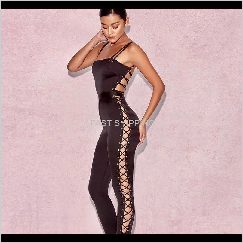 Women'S Jumpsuits Rompers Apparel Satin Bandage Design Womens Slim Black Jumpsuit Spaghetti Strap One-Piece Long Pants Sexy Opekz